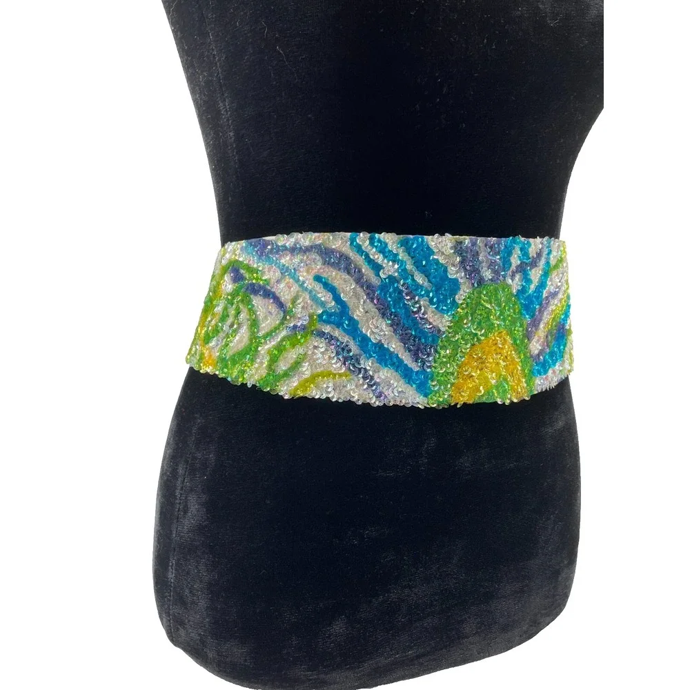 Vintage La Mendola Royal Bird Hand Beaded Blue White Pure Silk Chiffon Belt